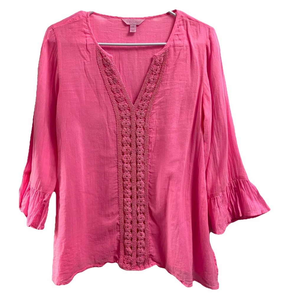 Lilly Pulitzer Women's Luci Tunic Pink 3/4 Bell Sleeve V Neck Crochet Sheer S